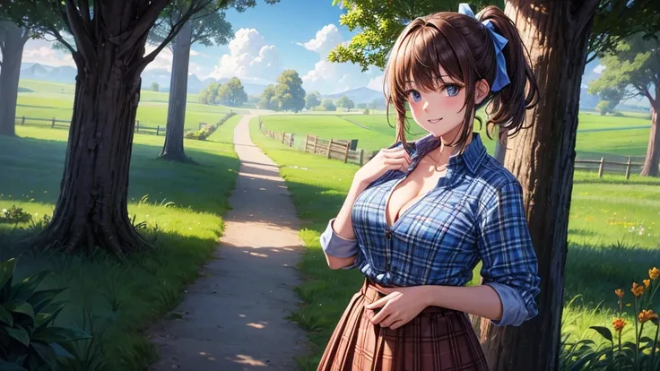 1girl, solo, full body, rural landscape, village, trees, sun, clouds, fantasy, brown hair, ponytail, large breasts, button down shirt, ((blue checked shirt)), ((short sleeved shirt)), ((unbuttoned shirt)), unbuttoning buttons, cleavage 1:3, shirt tied unde...