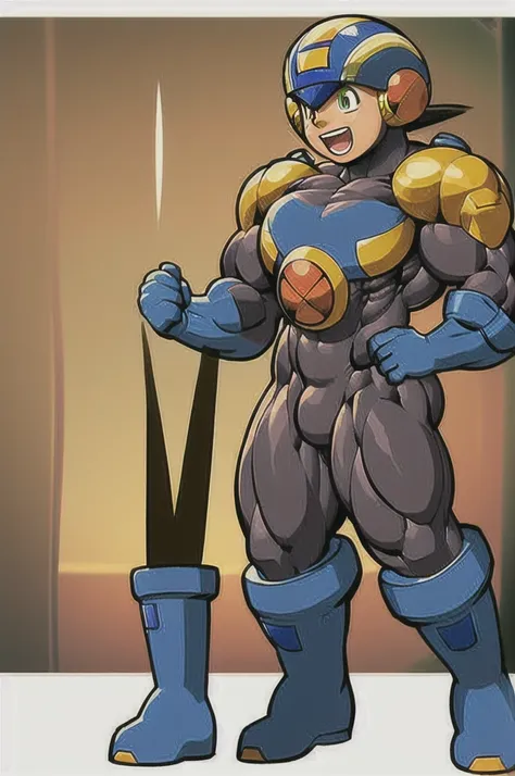 blue boots , yellow shoulder pads, blue helmet , Brown hair , green eyes, Blue suit, 1 boy, full body, masculine, muscular, happy, megaman ,muscle , bodybuilder  ,hypermuscle , human , boy , male , Pecs , Big , huge butt  , alone 