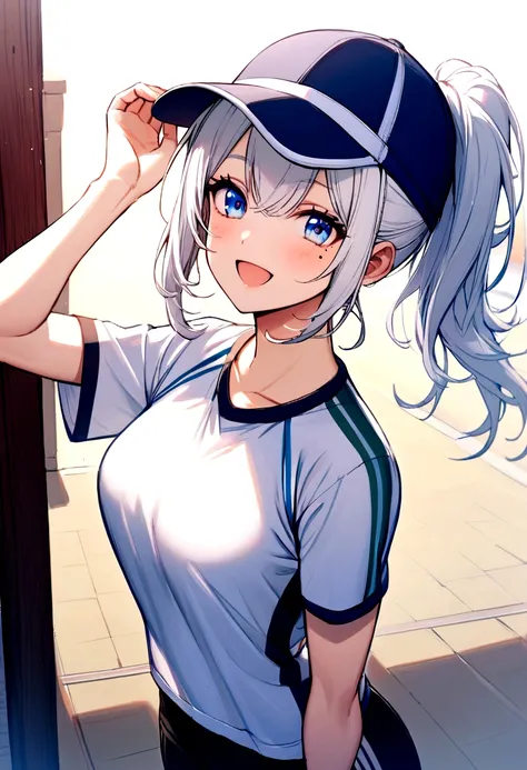 Girl, white hair, blue eyes, ponytail the flares out, hat, mole next to left eye, mole next to right eye, sports shirt, happy and energetic, slightly toned body