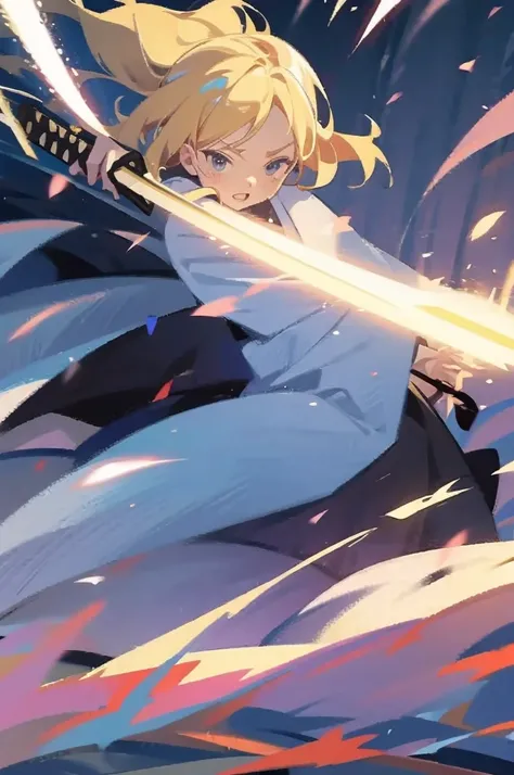 have a blonde waifu finishing an attack with a large samurai sword leaning forward and one leg forward too