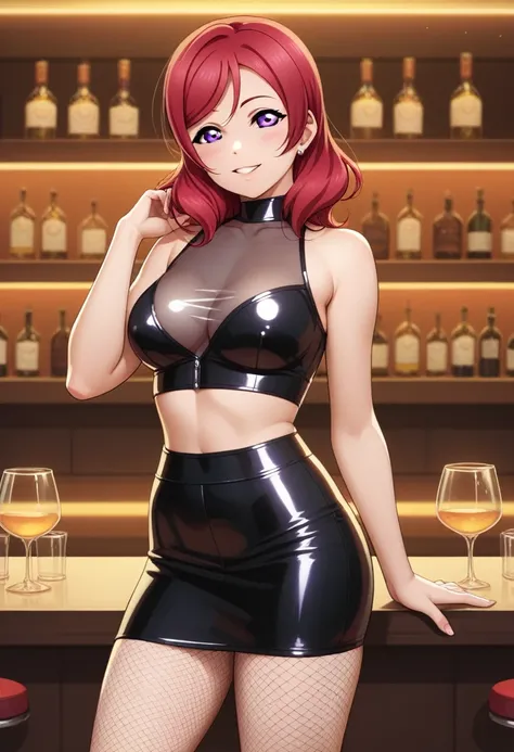 masterpiece, best quality, highres, nishikino maki,purple eyes,red hair, in bar, standing, looking at viewer, sexy,(lips:0.6),(fishnet bodysuit), see-through latex crop top,see l-through latex mini skirt,llchar, cowboy shot,(solo),love live