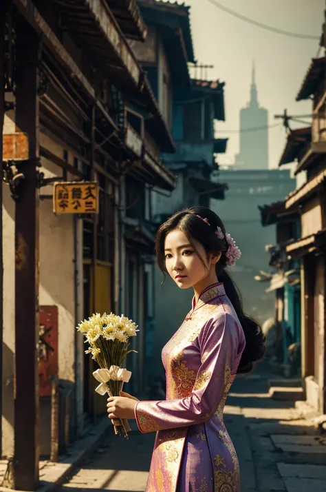 a beautiful girl in vintage colors aodai , masterpiece, best quality, realistic:1.3, street, cyberpunk, holding bundle of adubon flowers, sunlight, backlighting, ((((hdr)))), intricate scene, artstation, intricate details, vignette