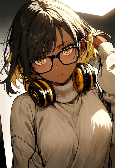 Girl, black hair blonde highlights, brown skin, black square glasses, tired look with eye bags, dead yellow eyes, baggy clothes, big light grey sweater, headphones around neck