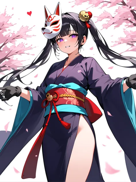 score_9,score_8_superior,score_7_superior,Highest quality,masterpiece,4K,No correction,Perfect lighting,evaluation_Explicit,so beautiful,anime,Hua Huo,One girl,single_Gloves,Mask on head,sash,Black Hair,Twin tails,Purple eyes,heart,(Fox Mask Template:1.1),...