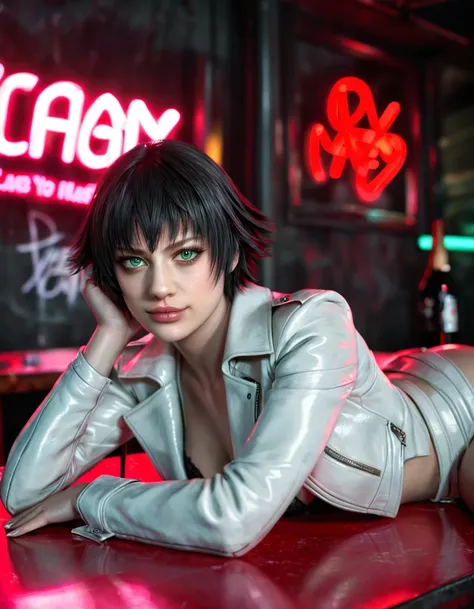 (best quality:1.2), lady (from devil may cry 5:1.1), perfect face, white jacket, green eyes,lying on the table, in a dark agency background, "devil may cry" neon red sign , night, alone
