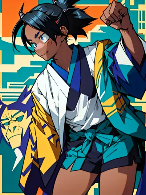 A girl in the Boku no hero style, she is wearing her hero outfit which consists of, a long-sleeved jumpsuit that covers the entire neck and ends in shorts, on top a kimono with a raven on each side.
A has black hair with blue highlights tied in a ponytail ...