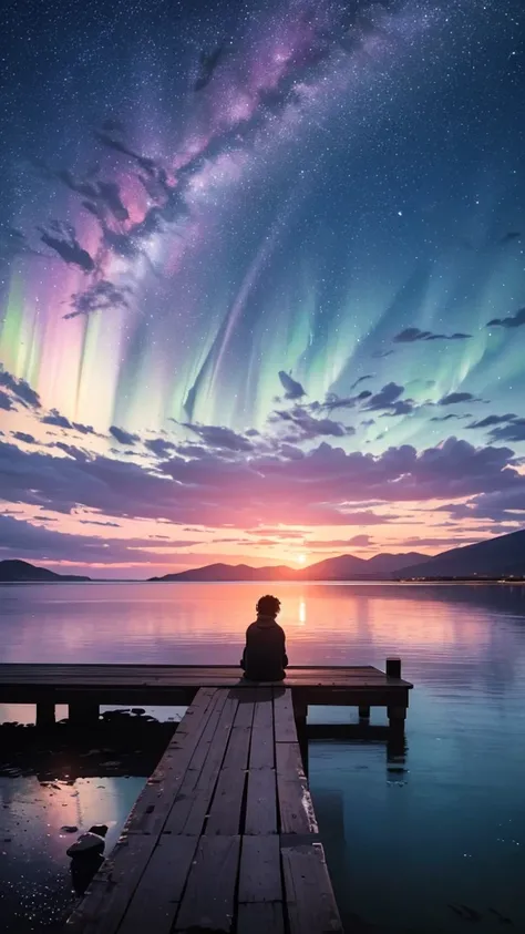 a silhouette of boy sitting in the pier next to a lake, in the distance, from behind, no face shown, looking at the vast sky, clouds, shooting stars, aurora borealis, milky way, the scene is dominated by vast sky.