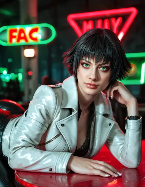 (best quality:1.2), lady (from devil may cry 5:1.1), perfect face, white jacket, black pants, green eyes,lying on the table, in ...