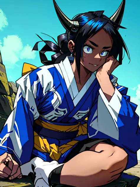 A girl in the Boku no hero style, she is wearing her hero outfit which consists of, a long-sleeved jumpsuit that covers the entire neck and ends in shorts, on top a kimono with a raven on each side.
A has black hair with blue highlights tied in a ponytail ...