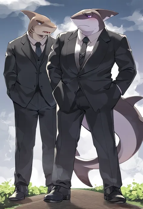 shark，personification，Mature male，Bad Uncle，，Cold expression，Purple pupils，Brown eyebrows，Black suit suit，Hands in pockets，The Age of Steam，garden。