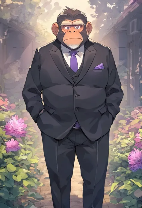 chimpanzee，personification，Mature male，Bad Uncle，Cold expression，Purple pupils，Brown eyebrows，Black suit suit，Hands in pockets，The Age of Steam，garden。