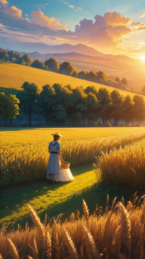 Masterpiece, best quality, (very detailed CG unified 8k wallpaper) (best quality), (best illustration), (best shade) nature harvest wheat, super meticulous --v6, people working in the fields