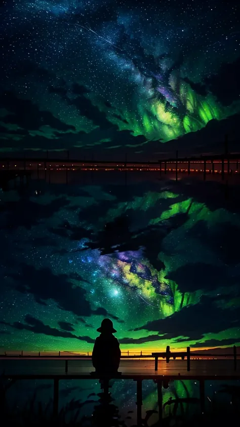 a silhouette of boy sitting in the pier next to a lake, in the distance, from behind, no face shown, looking at the vast sky, clouds, shooting stars, aurora borealis, milky way, the scene is dominated by vast sky.