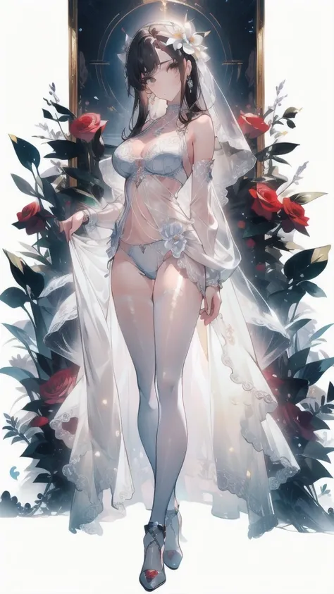 ((masterpiece, best quality)), Epic flower sea atmosphere，Delicate face，model，desert，whole body，Standing picture，glowing white eyes，Loulan Rose，Large Breasts，Perfect body proportions，Pure white background，firefly，Transparent sexy lingerie，High heel