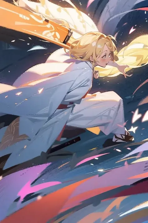 have a blonde waifu finishing an attack with a large samurai sword leaning forward and one leg forward too