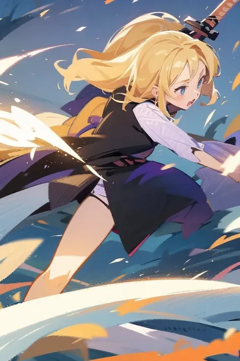 have a blonde waifu finishing an attack with a large samurai sword leaning forward and one leg forward too