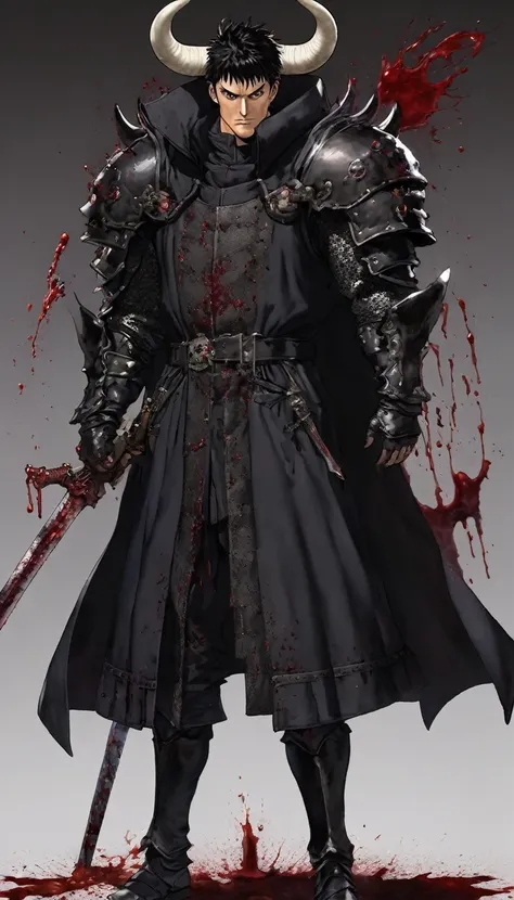 full-length photo of a 1.80 meter man, black overcoat like Guts overcoat from "Berserk", long and short hair, brown eyes, medieval armor with clawed metal gloves, left shoulder pad remodeled in the shape of a skull of bull covered in blood. He has scars on...