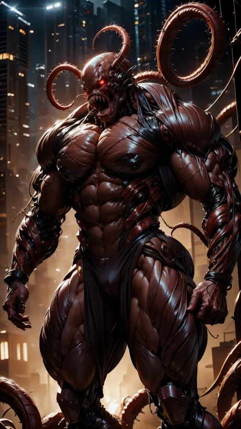 megan fox as a vampiric muscular red carnage, (mouth wide open with tongue out:1.25), (red carnage anatomic muscular bio-mecha muscle suit:1.25), (body totally covered in muscles, veins, tendons), (perfect muscular anatomy), (wide upper body:1.25), (thin l...