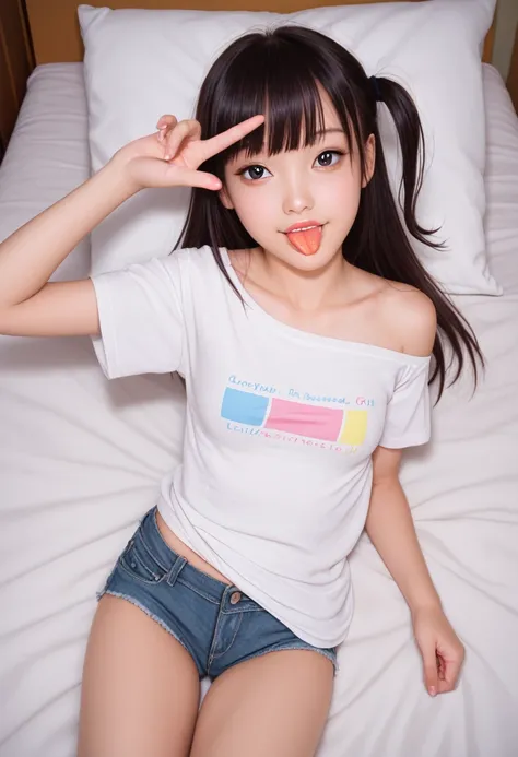 ollarbone,pastel colors t-shirt,off-shoulder look,bare shoulder,midriff peek,micro shorts,open mouth,(tongue out:2),lying,Selfie,looking ahead,from above,front view,cowboy shot,(1girl,Beautiful 14 year old girl),((Slender,Small breasts,Small face,)),lookin...