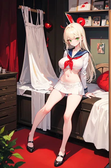 （masterpiece，high resolution， Extremely detailed），Cosy bedroom，1 Girl，((Solitary))，Looking at the audience，Light Blonde Hair，Green Eyes，White hair，(Huge tits)，Sailor Suit，up skirt，Flat Belly，Slender legs，(Red nose:1.4)，(Full Body Love)，