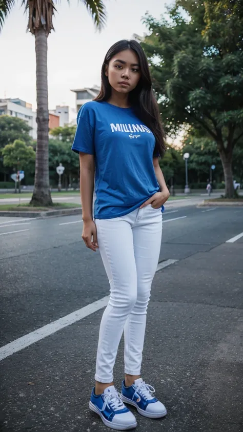 A 25 year old filipina girl wearing a blue tshirt and white jeans and sneakers the background is nigth and koraen park.