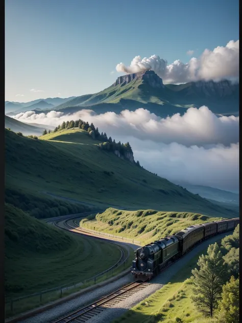 Create a train with chrome parts, moving image, light background, Art Canvas, steam locomotive artistic painting. exuberante, impressive. blue sky. day Of course. Green mountain in the background. (TOURISM PASSING LOCOMOTIVE), OPEN WAGON.