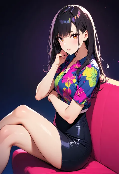 Legs crossed, pencilskirt, adult face,deep colors