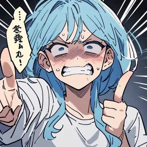 、girl、Blue Hair、Pointing a finger and looking frustrated、regrettable、Im gritting my teeth、newest、Gag Manga、Slanted Eyes