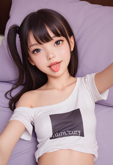 ollarbone,pastel colors t-shirt,off-shoulder look,bare shoulder,midriff peek,micro shorts,open mouth,(tongue out:2),lying,Selfie,looking ahead,from above,front view,upper body,(1girl,Beautiful 14 year old girl),((Slender,Small breasts,Small face,)),looking...