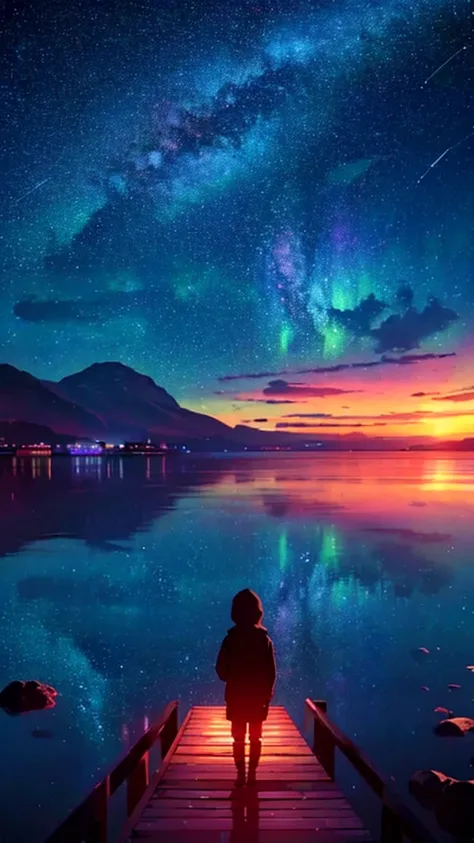 a silhouette of boy sitting in the pier next to a lake, in the distance, from behind, no face shown, looking at the vast sky, clouds, shooting stars, aurora borealis, milky way, the scene is dominated by vast sky, octane color rendering 