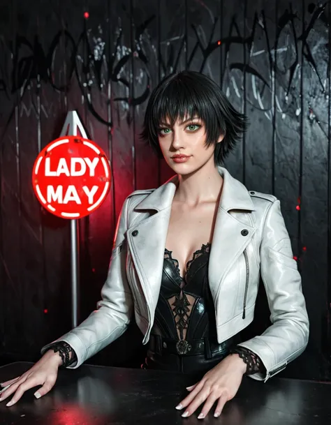 (best quality:1.2), lady (from devil may cry 5:1.1), perfect face, white jacket, black pants, green eyes, sit on the table, in a...