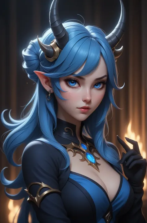 a woman in a blue outfit with horns and a black top, extremely detailed artgerm, thicc, , with blue skin, sona is a slender, oc commission, with glowing blue lights, commission for high res, 8k high quality detailed art, popular on pixiv, marin kitagawa fa...