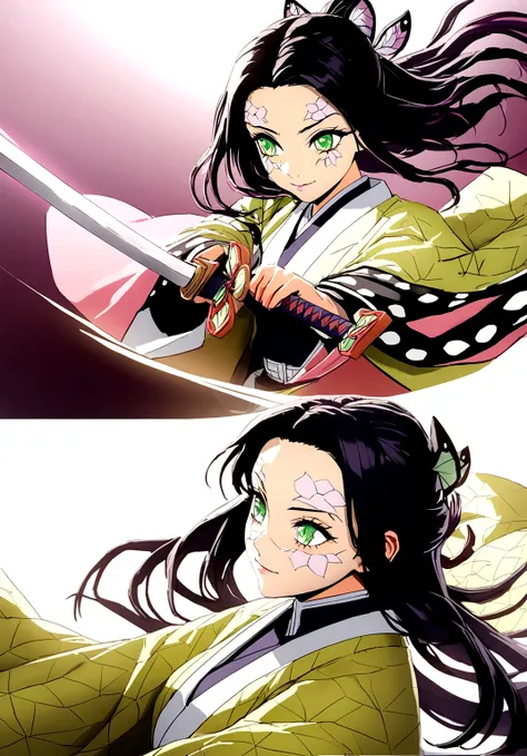 beautiful woman,female demon slayer,kimetsu no yaiba,haori,long sword,masterfully crafted sword,skilled swordsmith,intricate kimono,flowing hair,detailed facial features,striking pose,powerful aura,dynamic action,fantasy setting,vibrant colors,dramatic lig...