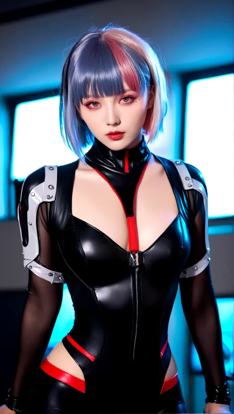 1girl, solo, breasts, looking at viewer, short hair, bangs, bare shoulders, jacket, multicolored hair, open clothes, leotard, lips, grey eyes, bodysuit, makeup, black leotard, red lips, cyberpunk, lucy (cyberpunk)