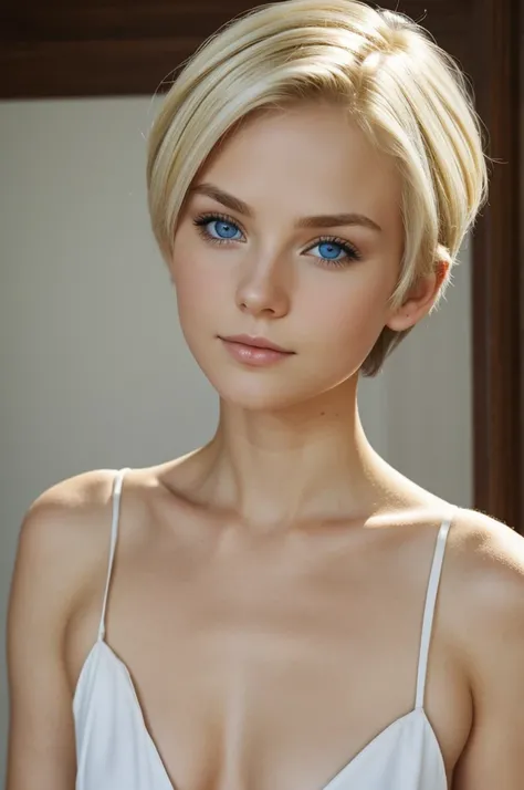 , short hair, Blonde, blue eyes, White skin, tender