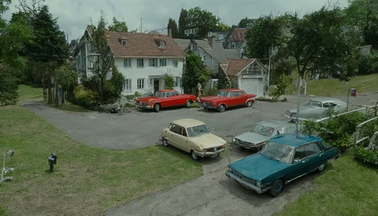 small isolated house, several cars parked in front, quiet day