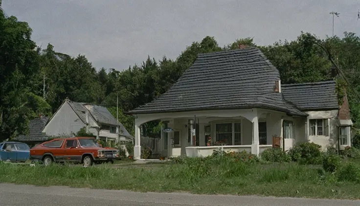 small isolated house, several cars parked in front, quiet day