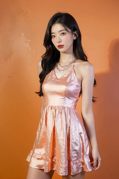 21 year old girl, orange background, beautiful dress 