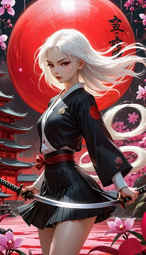 (style of santiago caruso:1.1),1 girl，Black sailor suit pleated skirt，Blurred foreground，orchid，Long white hair fluttering in the wind，Background blur，Red sphere background，permanent，Japanese sword，握着Japanese sword，（眼睛被orchid盖住），A transparent bioluminescen...