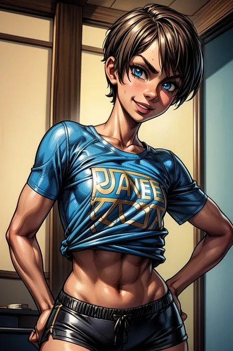 10-year-old girl, flat chest, INTENSE BLUE EYES, t-shirt, short tight shorts, seductive smile, Dirty skin, super skinny, very detailed, detailed face, short hair, dynamic camera, long torso, tanned skin, simulators, CINEMATIC, PHOTOREAL, 16K, UHD, tomboy