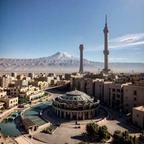 A sketch of the Milad tower at a distance where the tower is clearly visible and slightly damaged