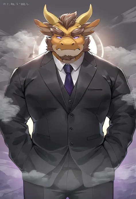 Chinese dragon，personification，Mature male，Strong Man，Cold expression，Purple pupils，Brown eyebrows，Black suit suit，Hands in pockets，The Age of Steam，office。