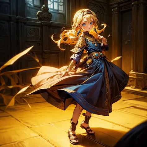 1childern girl, Full body version, 1character, children version, blue eyes color, long Curly haircut, blonde colour hair, Gold earrings, gold bracelets, medieval style clothing, Grassroots, background in indoor bar, motion blur, (Naruto style)