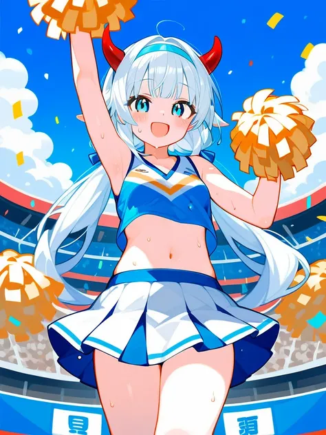 Super detailed,(Highest quality),((masterpiece)),(High resolution),original,very,Nirou,One girl,skirt,Pom-pom (cheer leading),alone,chest,belly button,Underarm,Cheerleader,Stomach,smile,Raise your arms,View your viewers,Holding Pom-poms,Outdoor,Crop top,:d...