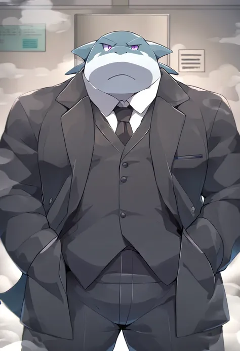 shark，personification，Mature male，Strong Man，Cold expression，Purple pupils，shark尾巴，Black suit suit，Hands in pockets，The Age of Steam，Hospital Office。