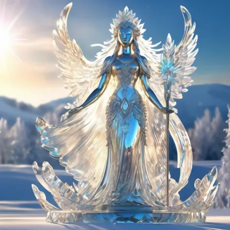 Ice statue,A very beautiful ice statue of a goddess, Transparent ice,illuminated by sunlight and reflected divinely,(((masterpiece))), (((best quality))), ((ultra-detailed)), (illustration), (detailed light),((an extremely delicate and beautiful)),