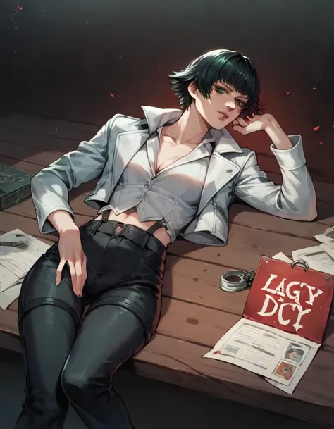 (best quality:1.2), lady (from devil may cry 5:1.1), perfect face, white jacket, black pants, green eyes, lying on the table, in...