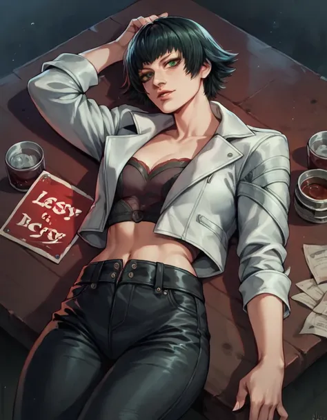 (best quality:1.2), lady (from devil may cry 5:1.1), perfect face, white jacket, black pants, green eyes, lying on the table, in...