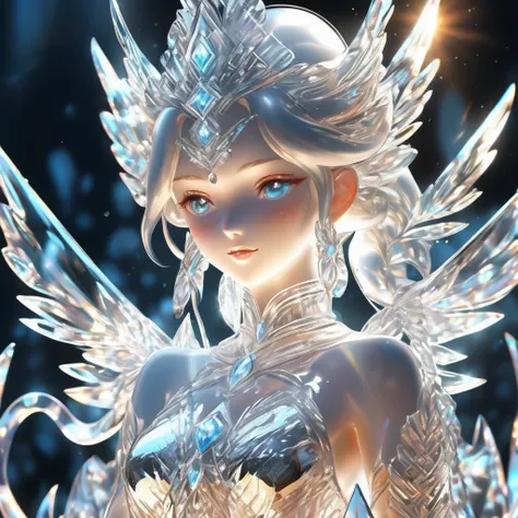 Ice statue,A very beautiful ice statue of a animestyle goddess, Transparent ice,illuminated by sunlight and reflected divinely,(((masterpiece))), (((best quality))), ((ultra-detailed)), (illustration), (detailed light),((an extremely delicate and beautiful...