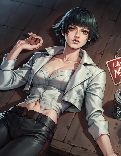 (best quality:1.2), lady (from devil may cry 5:1.1), perfect face, white jacket, black pants, green eyes, lying on the table, in...